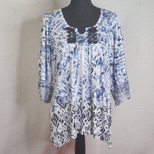 One World Live and Let Live Royal Black and White Poly Span Mesh Lace Cuff Top S